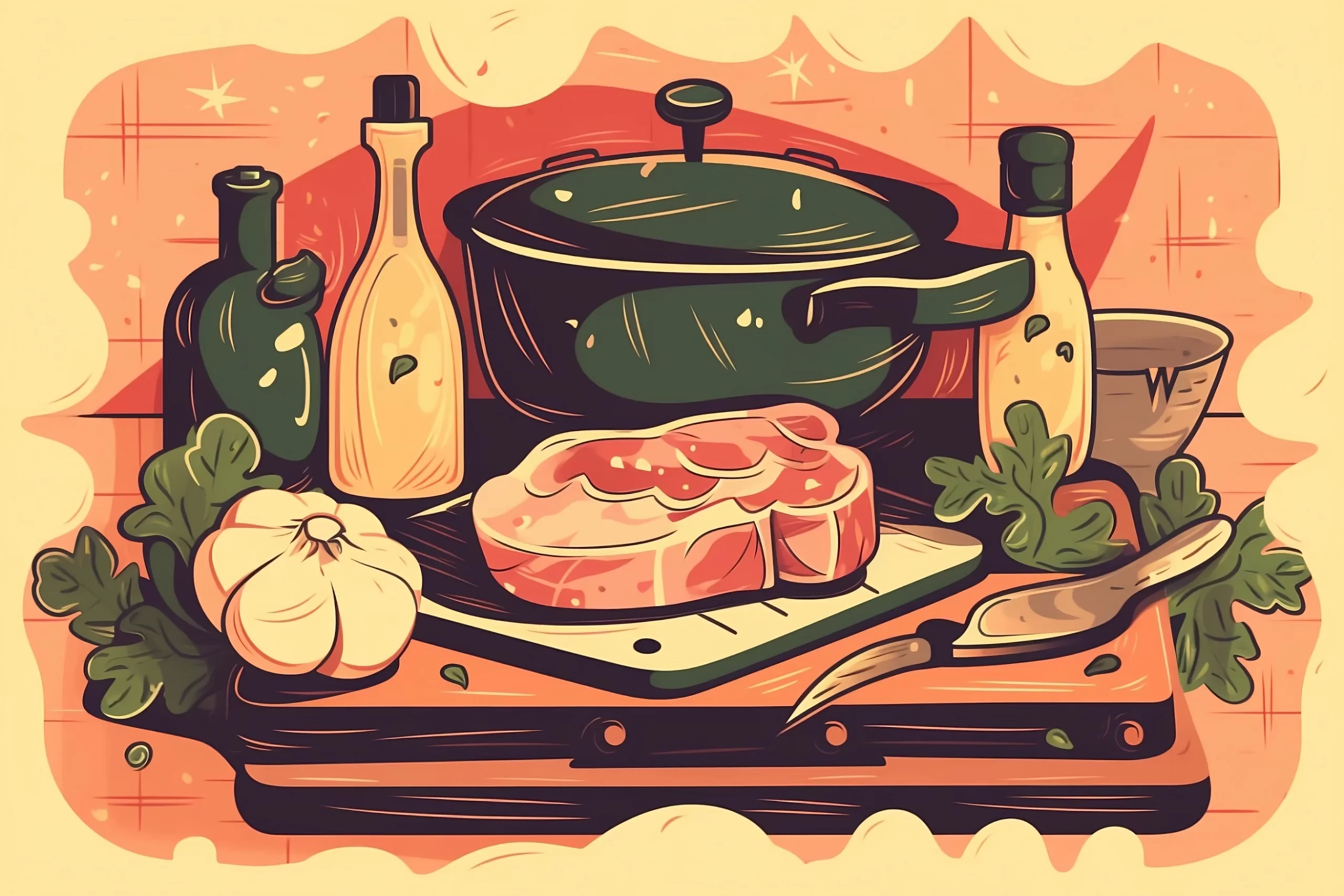 cooking garlic butter pork chops retro cartoon style