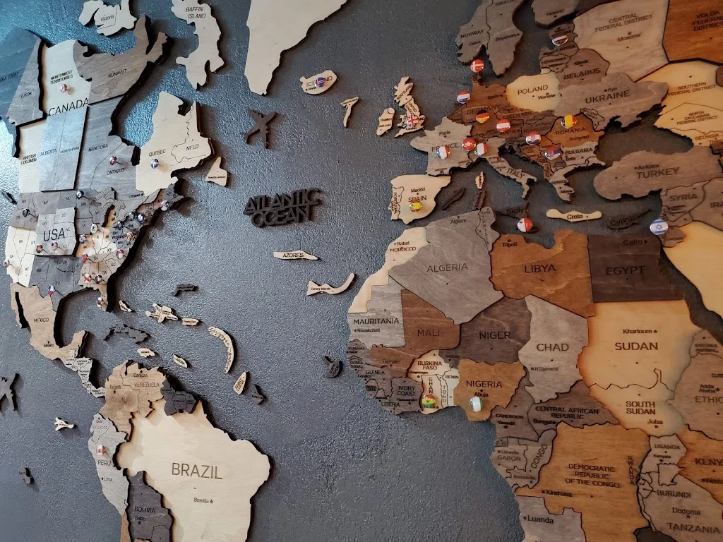 A map of the world on a wall where you place pins, with flags of the country, where you have been.