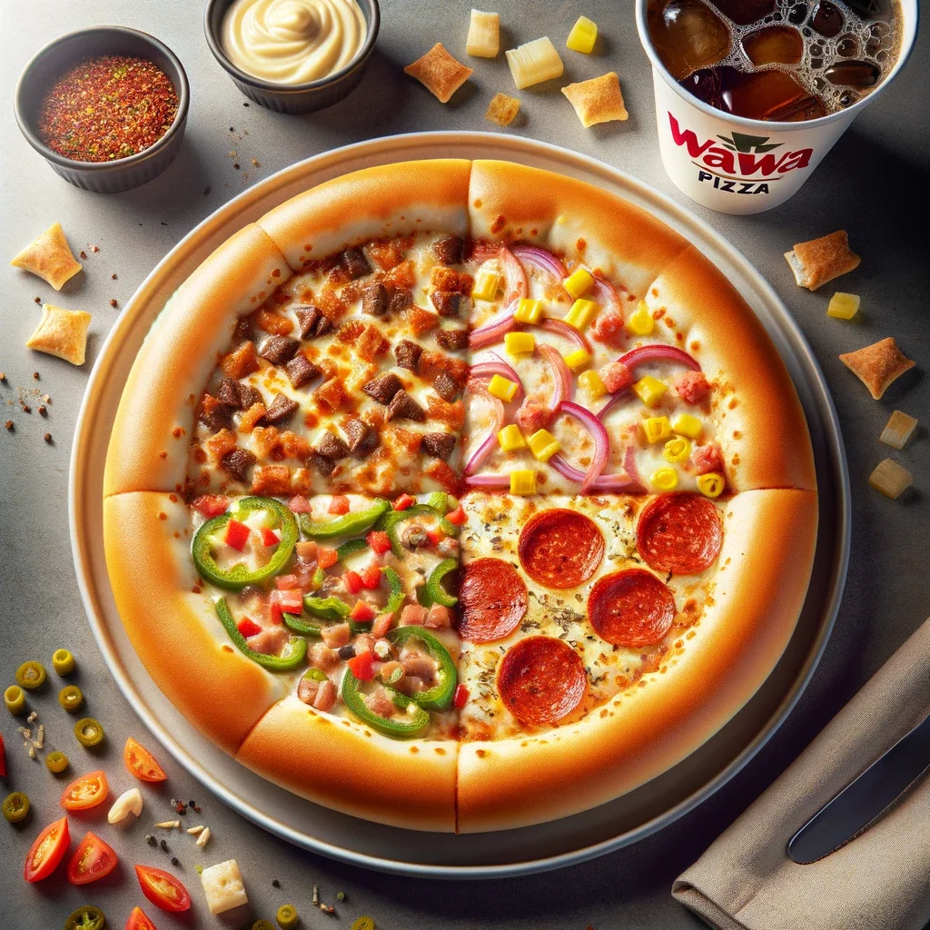 Pizza cut in 4 slices with many different toppings including pepperoni, onions and green peppers. A representation of Wawa's pizza.