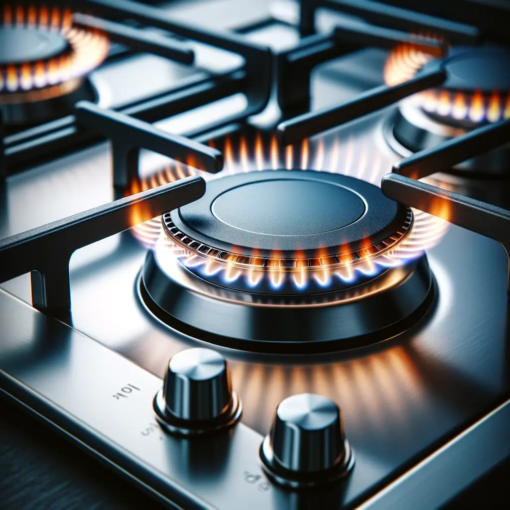 The image displays a close-up of a modern gas stove, featuring a stainless steel design. Visible flames on the burners highlight the stove's precision and professional quality, emphasizing its functionality and sleek appearance.