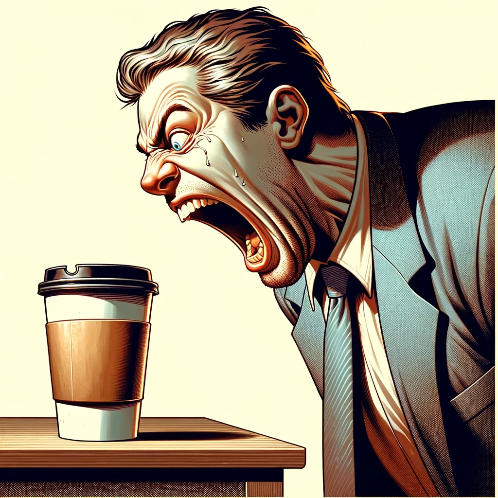 An Illustration of a man dramatically screaming at a cup of coffee. The image captures the man's exaggerated and cartoonish reaction to the coffee cup because of the call on WEF coffee ban