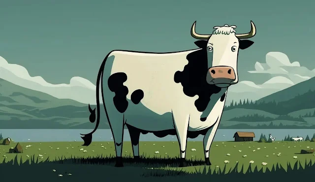 a cartoon style cattle standing in an open field