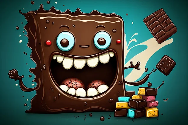 a cartoon style of a sweet tooth and dark chocolate